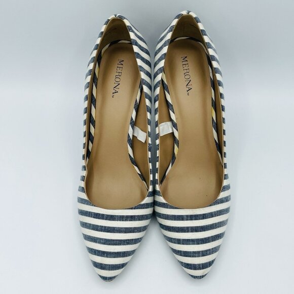 Merona Shoe Womens Size 7 Blue Striped Heels Stiletto Pointy Toe Slip On Comfort - Picture 5 of 11